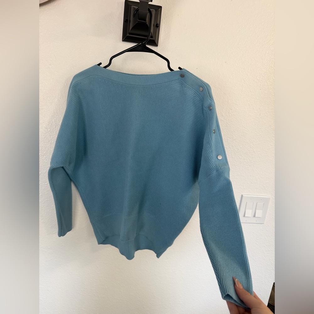 Simply Vera Vera Wang Light Blue Ribbed Crewneck Sweater with Button Shoulder